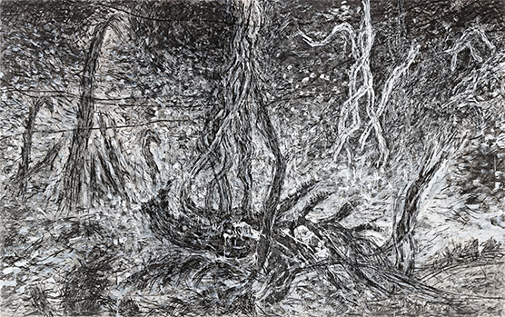 낯선 숲에서, charcoal on canvas, 181x454cm, 2022