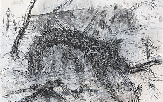 낯선 숲에서, 227x182cm, charcoal, oilbar on canvas, 2022